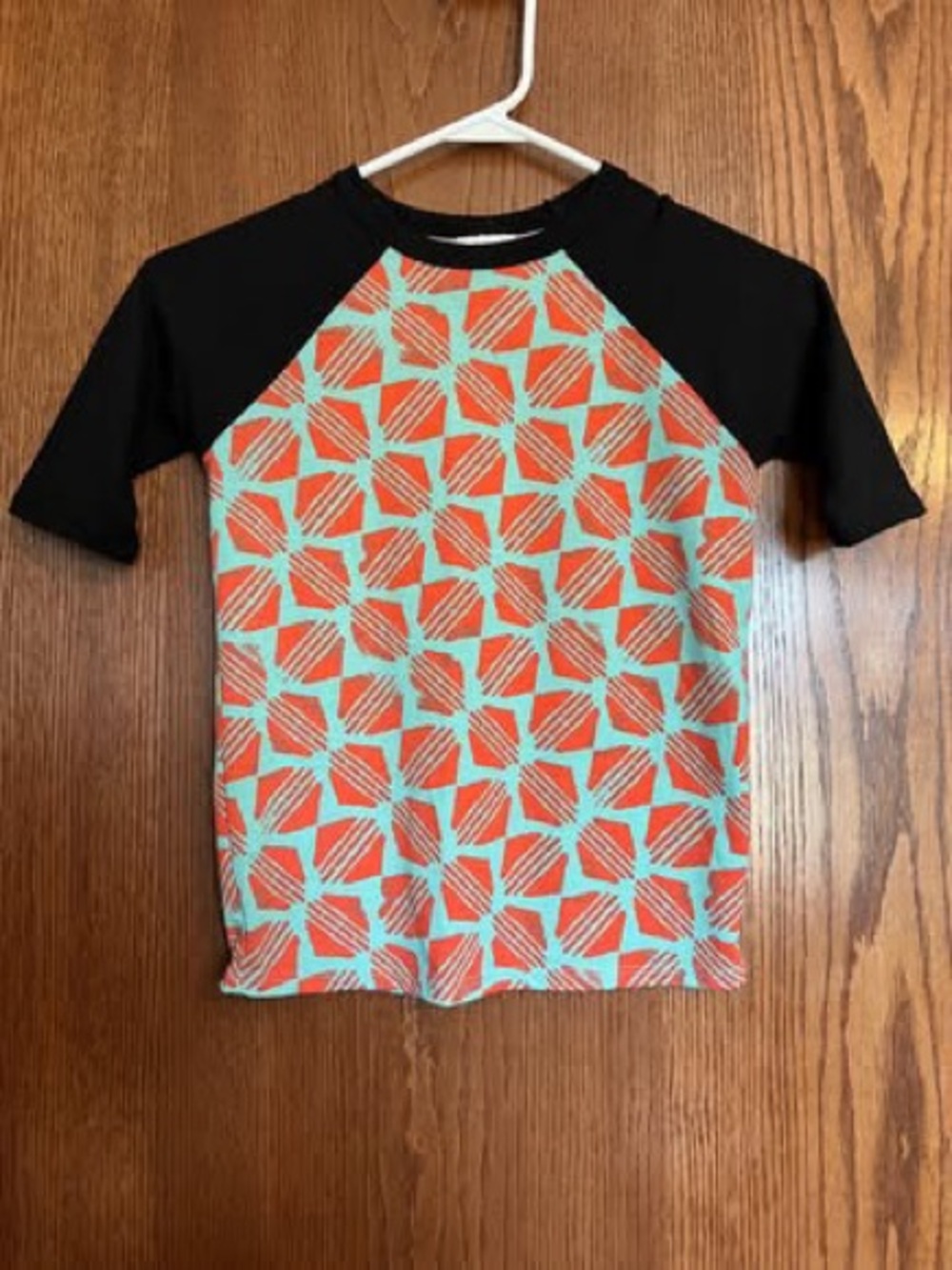 LuLaRoe Kids Rashguard - Black, Coral, Aqua Geometric